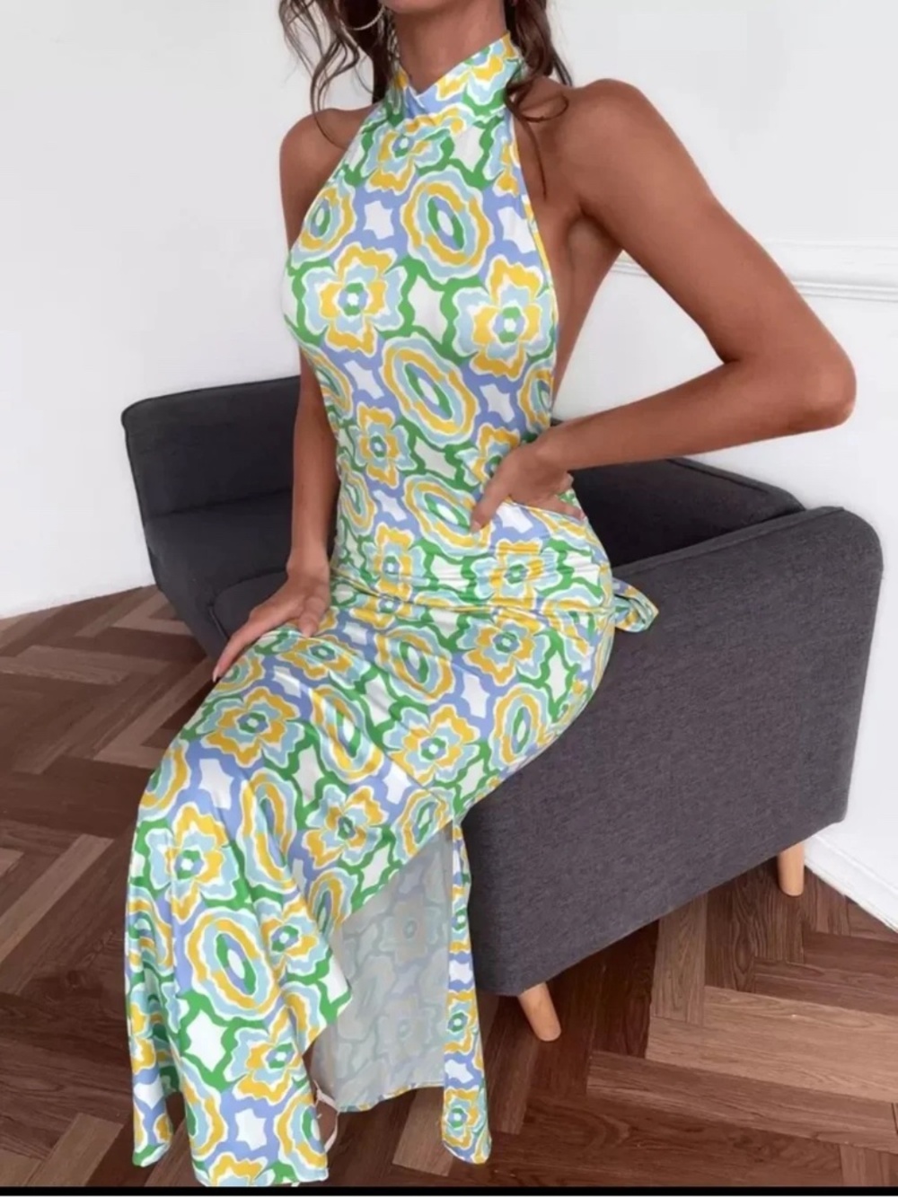 Zara Backless Halter Maxi Dress in retro Green, Yellow & Blue